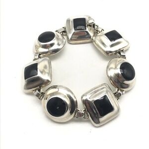 Vintage 925 Mexico Sterling Silver Black Onyx Modern Chain Link Bracelet 7.25"